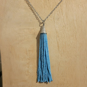 Sky blue bead tassel necklace