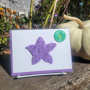 A purple cut out design of a star on a white card background.