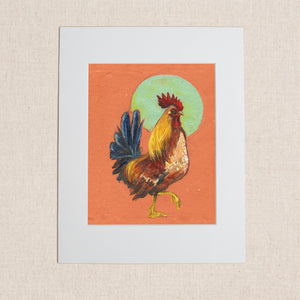An orange toned hen with an orange background and a mint green moon