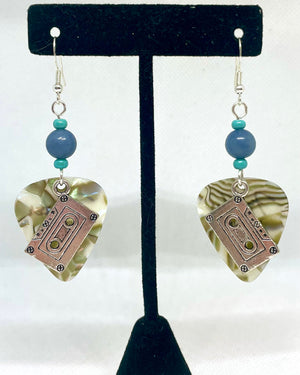Green guitar earrings with cassettes and blue beads attached