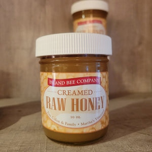 One 10 oz jar of creamed raw honey created by Island Bee Company
