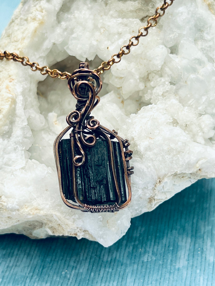 Copper Wrapped Black Tourmaline Pendent