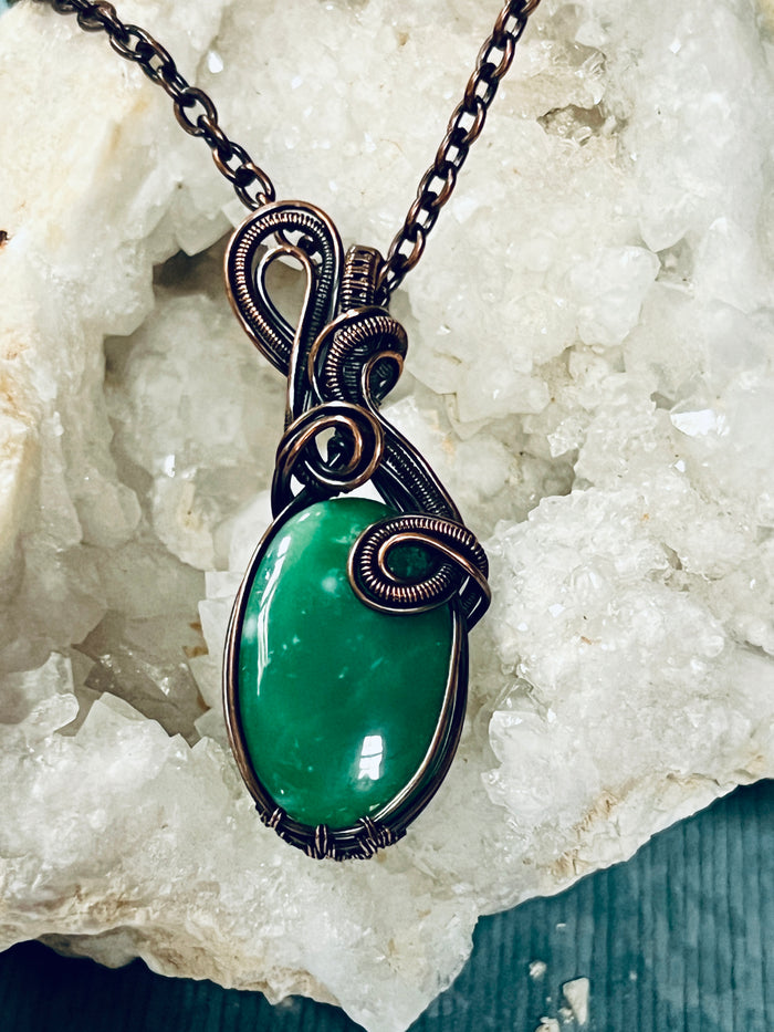 Copper Wrapped Chrysoprase Pendent