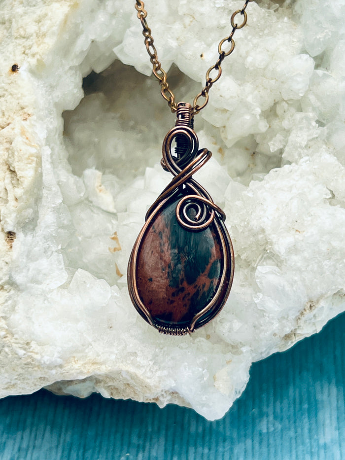 Copper Wrapped Mahogany Obsidian Pendent