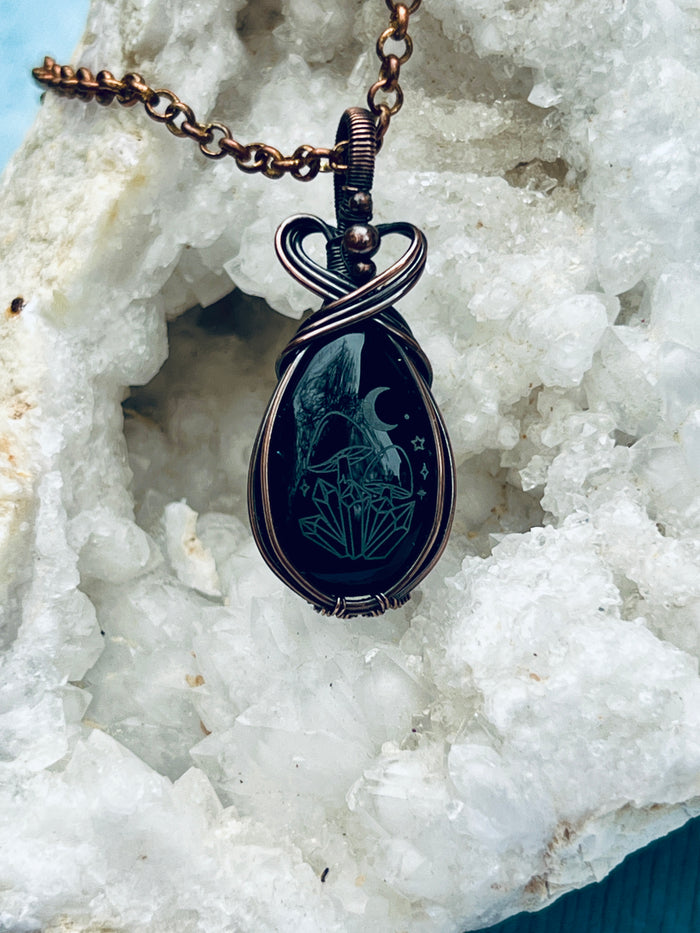 Copper Wrapped Onyx with Etched Mushrooms, Moons, And Crystals Pendent