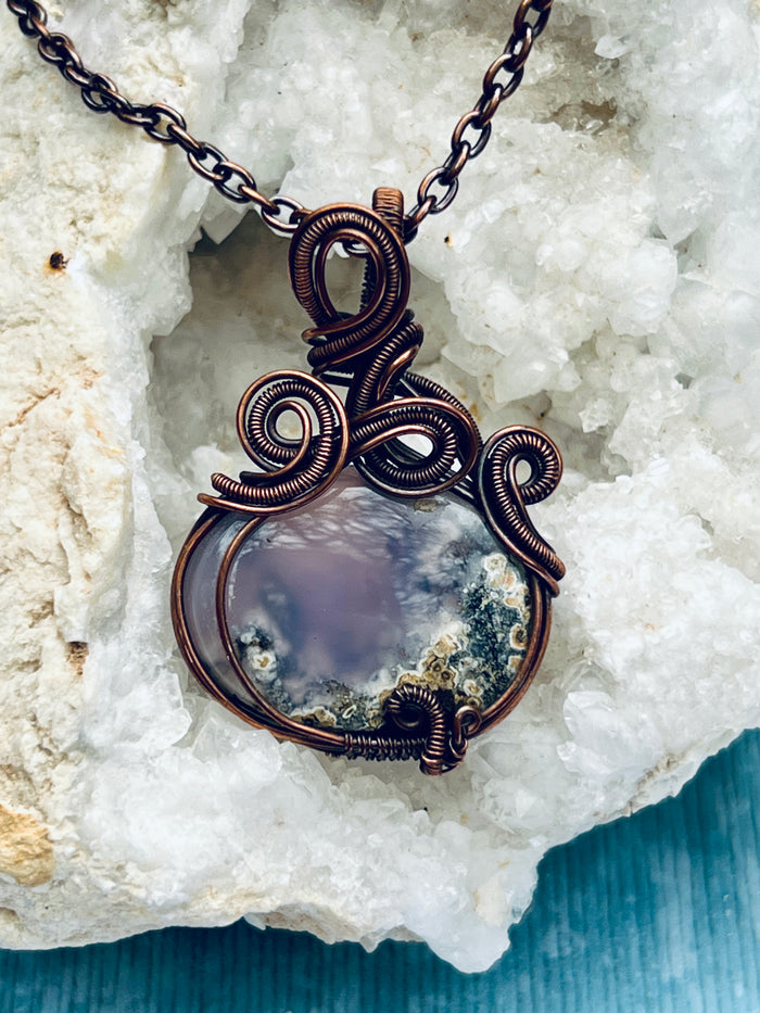 Copper Wrapped Scenic Moss Agate Pendent