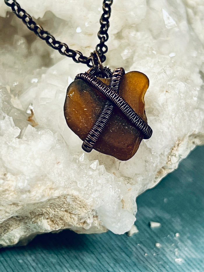 Copper Wrapped Brown Sea Glass Heart Pendent