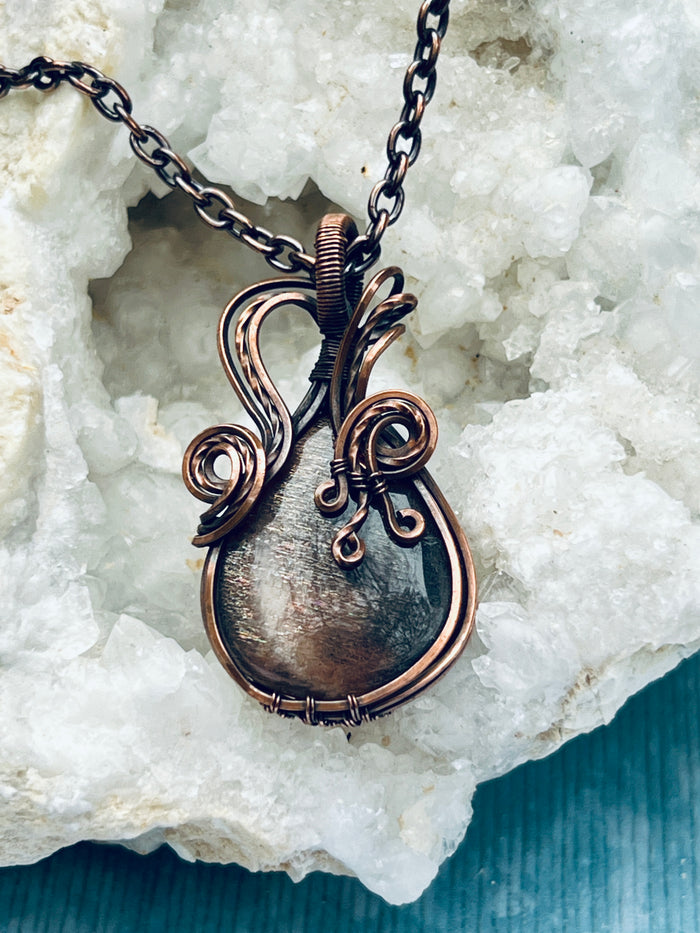 Copper Wrapped Sunstone Moonstone Pendent