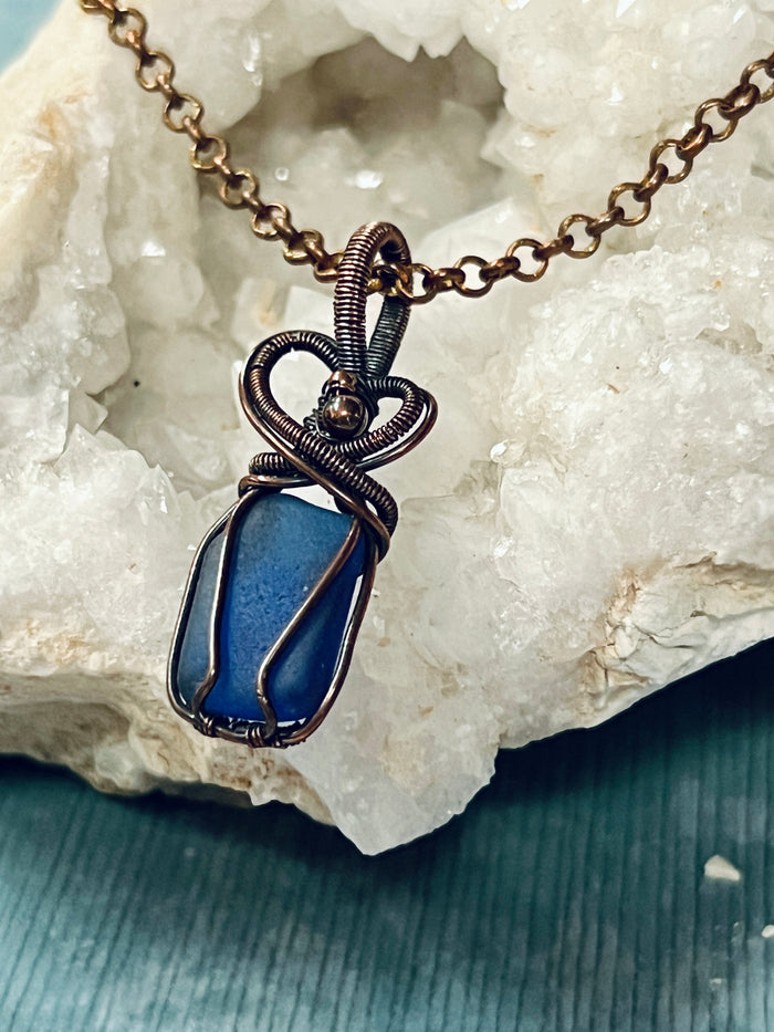 Copper Wrapped Blue MV Seaglass Pendent