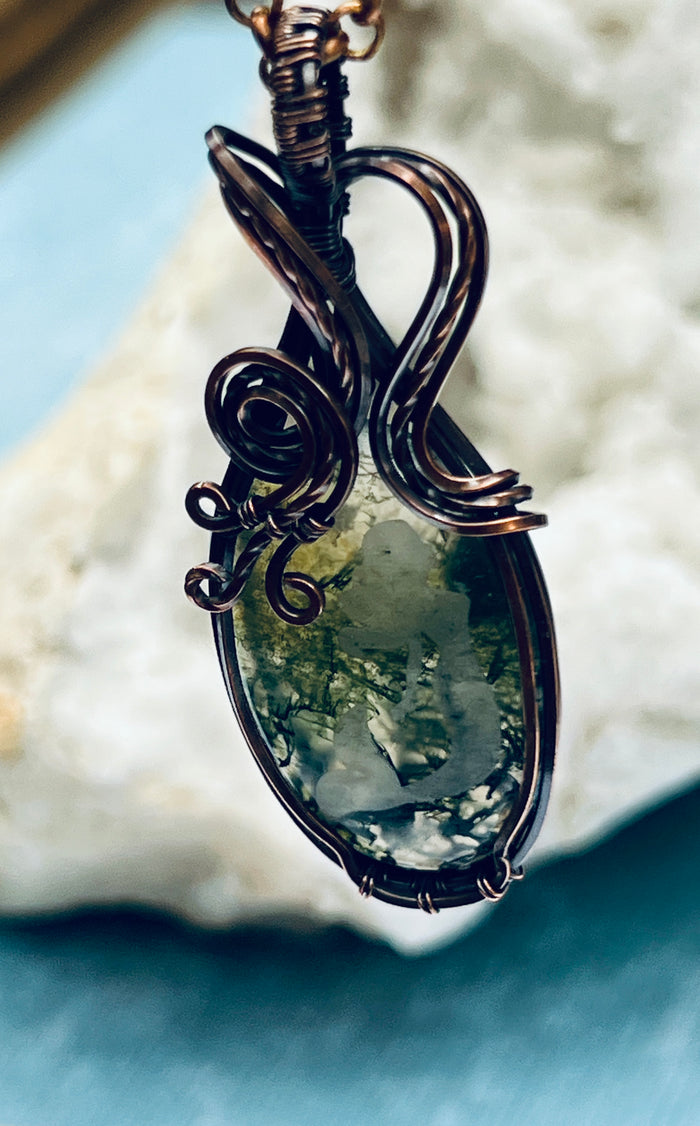 Copper Wrapped Moss Agate with Mermaid Pendent