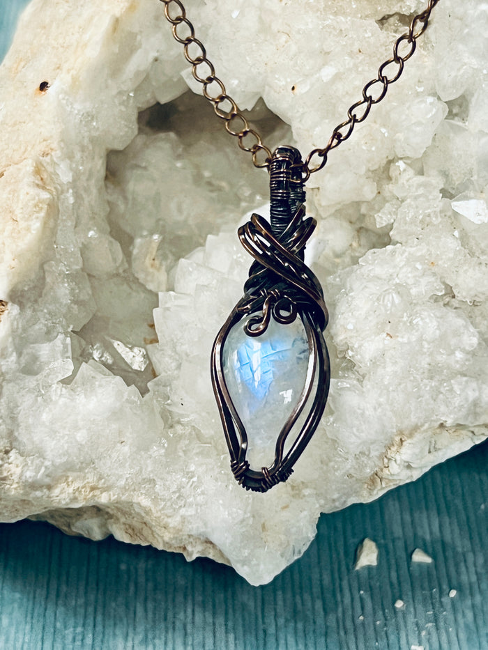 Copper Wrapped Rainbow Moonstone Pendent