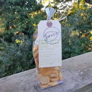 A bag of coconut lime hot pepper flavored "Emma Jean" small cookies. 