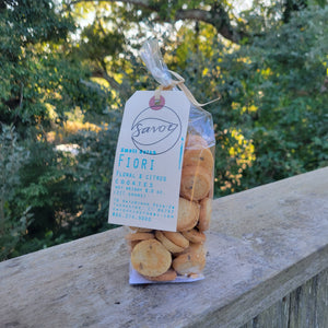 A bag of floral and citrus flavored "Fiori" small cookies.