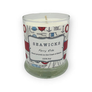 Ferry Ride scented candle with red boat imagery on the label