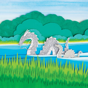The lock ness monster and her child in the lake with trees behind them