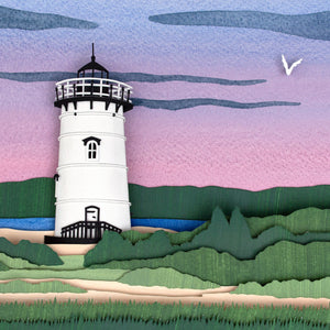 A lighthouse in front of a fading purple sunset with a grassy sand landscape in front.