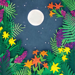 Paper cut depiction of Moon surrounded by flowers