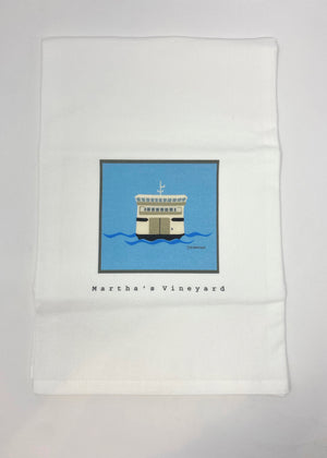A picture of a ferry with a blue background on a white towel
