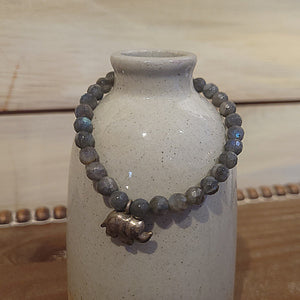 Handmade by Susan Balaban Designs featuring Labradorite beads and an elephant charm. 