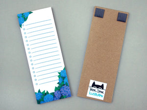 The front and back of the blue flower magnetic notepad